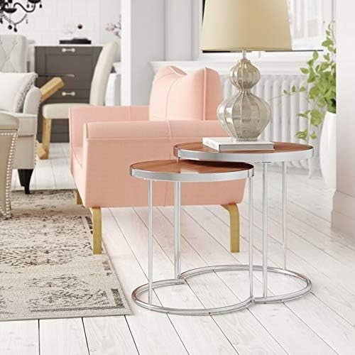 2pc Round Nesting Coffee Table Set Wood Top Chrome Metal Base Modern Living Room