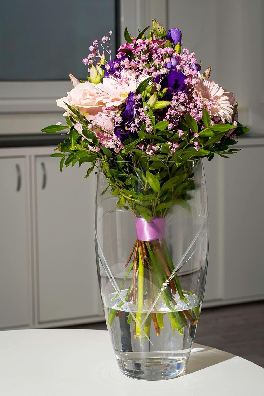 Crystal Heart Barrel Flower Vase Hand Cut Glass 26cm Luxury Home Decor
