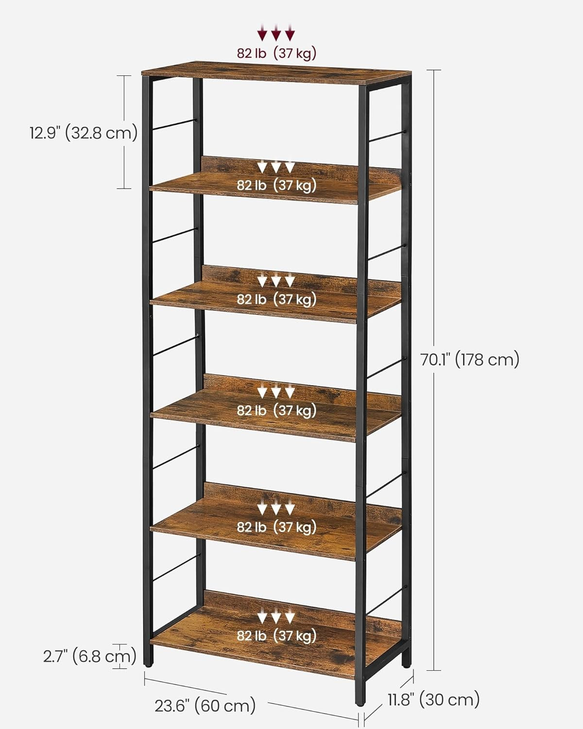 6-Tier Industrial Bookshelf Unit | Tall Rustic Storage Shelving for Home Office