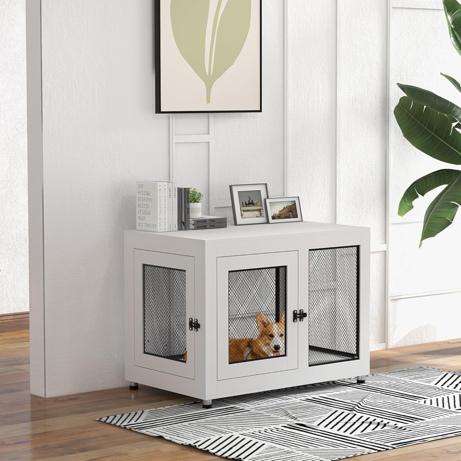 Modern Dog Crate Furniture Table 94x60x71.5cm White Lockable Kennel w/Cushion