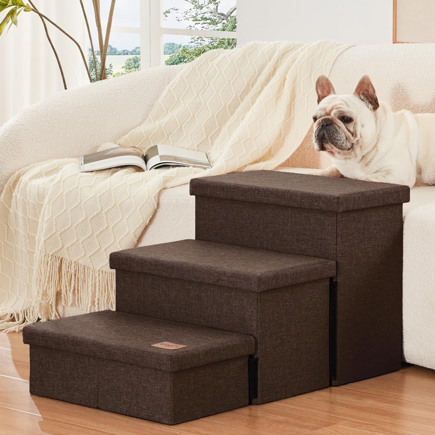 Dog Stairs 3 Step with Storage 18" High Foldable Pet Steps Coffee