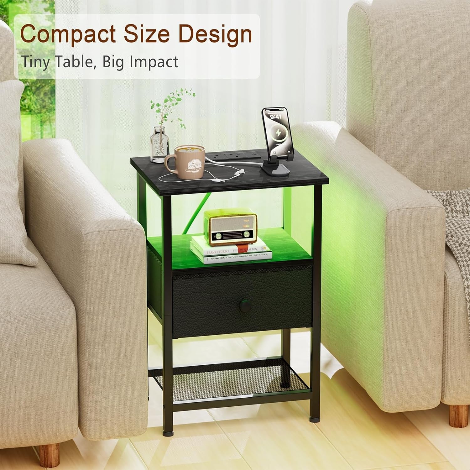 Black LED Bedside Table with Charging Station Drawer & Storage Shelf