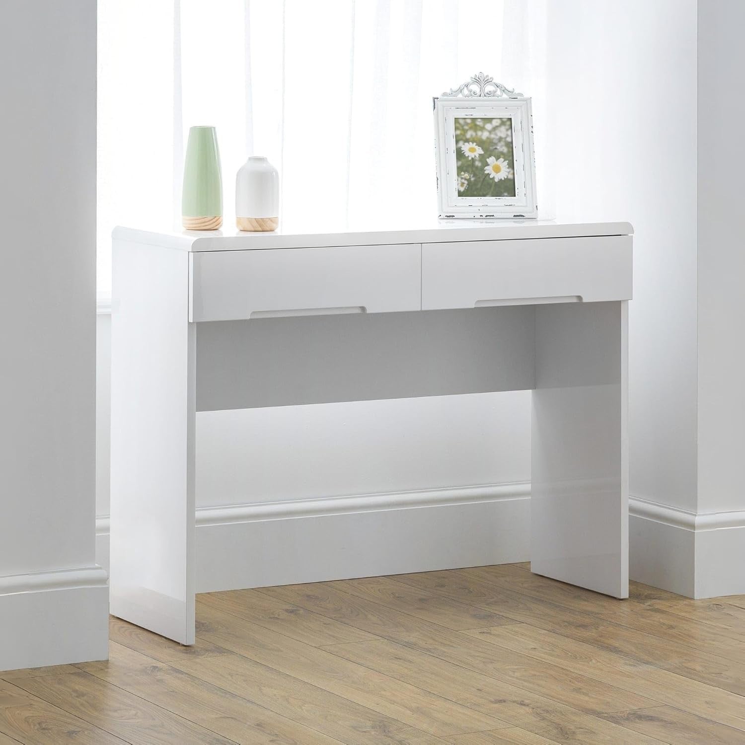 High Gloss White Modern Dressing Table 2 Drawer Minimalist Bedroom Vanity