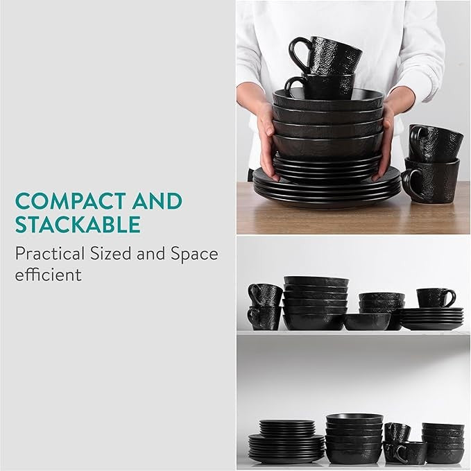 16pc Stoneware Dinner Set for 4 Charcoal Black Plates Bowls Mugs Dishwasher Safe