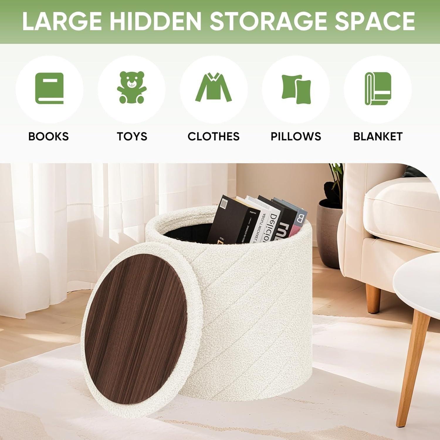 White Boucle Round Storage Ottoman Stool Folding Footrest Vanity Seat
