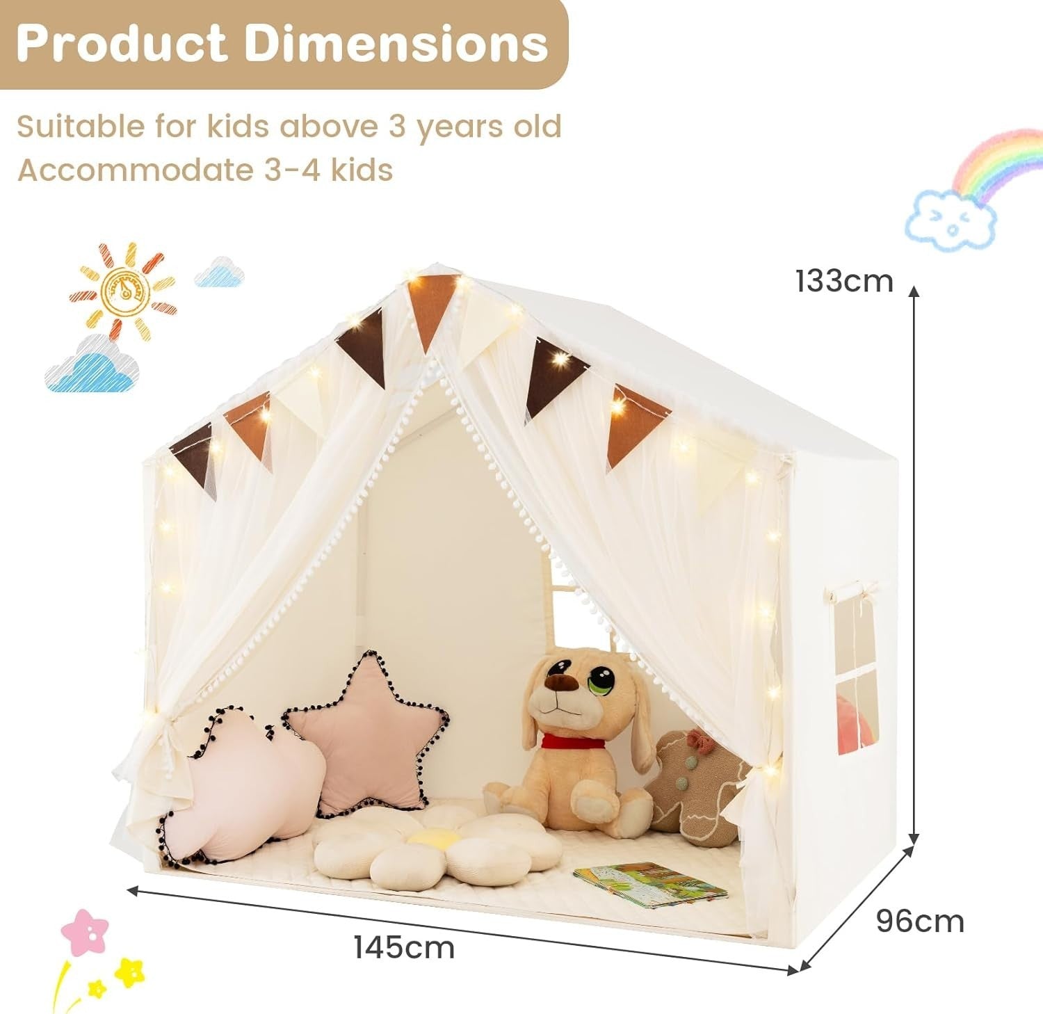 Large Kids Play Tent Castle Indoor w Star Lights Mat Windows Playhouse