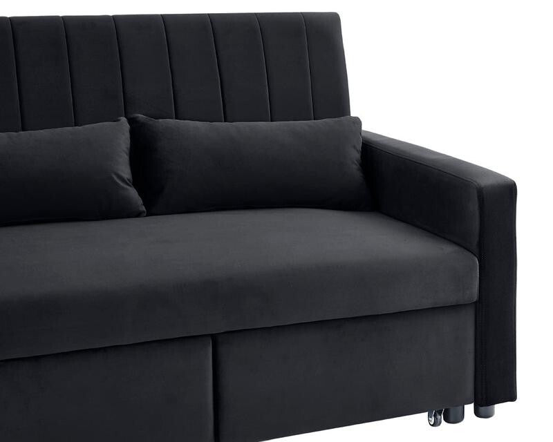 3 Seater Black Velvet Sofa Bed w/ Chaise Pull Out Storage & Cushions