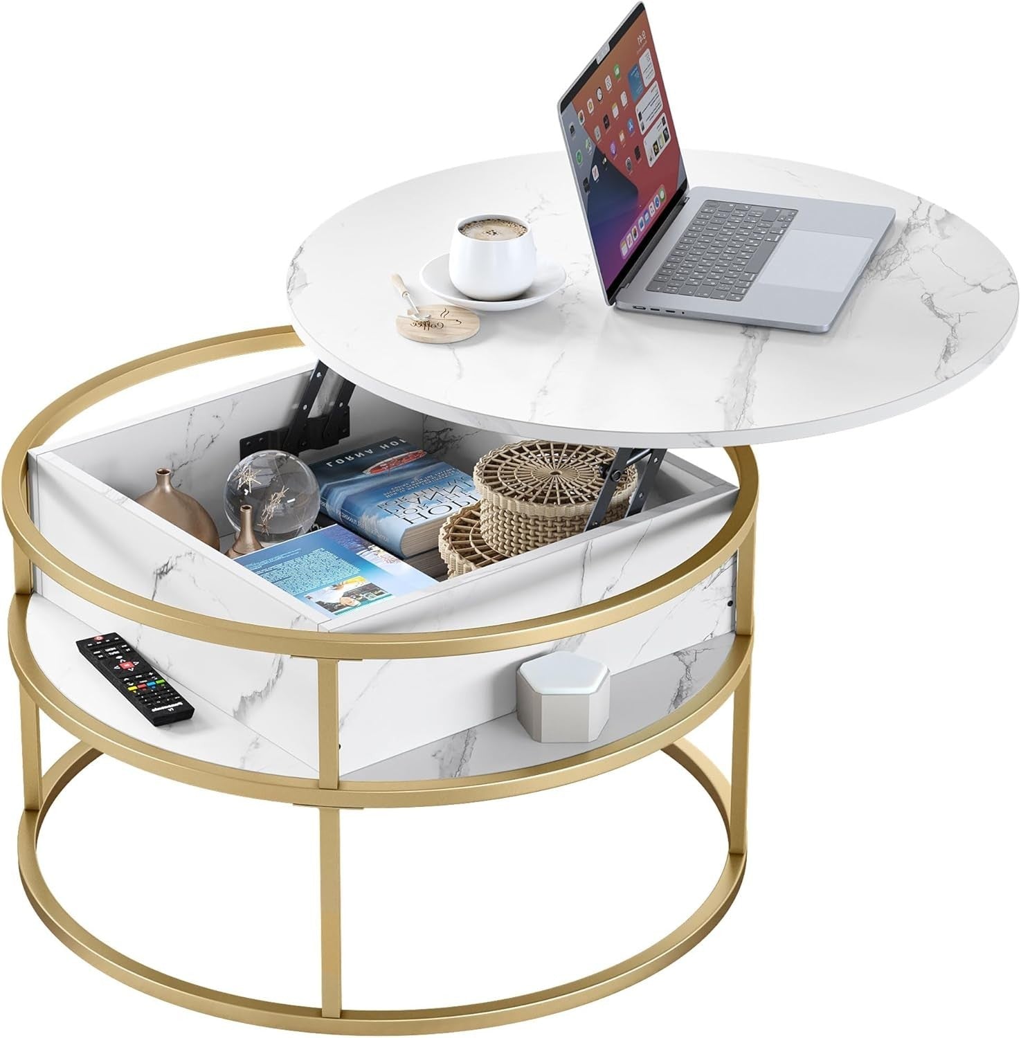 Round Lift Top Coffee Table White Gold 80x80x47cm with Hidden Storage