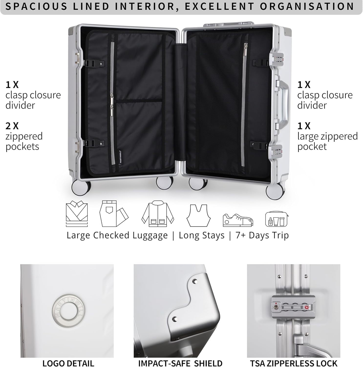 Large Zipperless Polycarbonate Suitcase Dual TSA Locks Spinner Wheels White