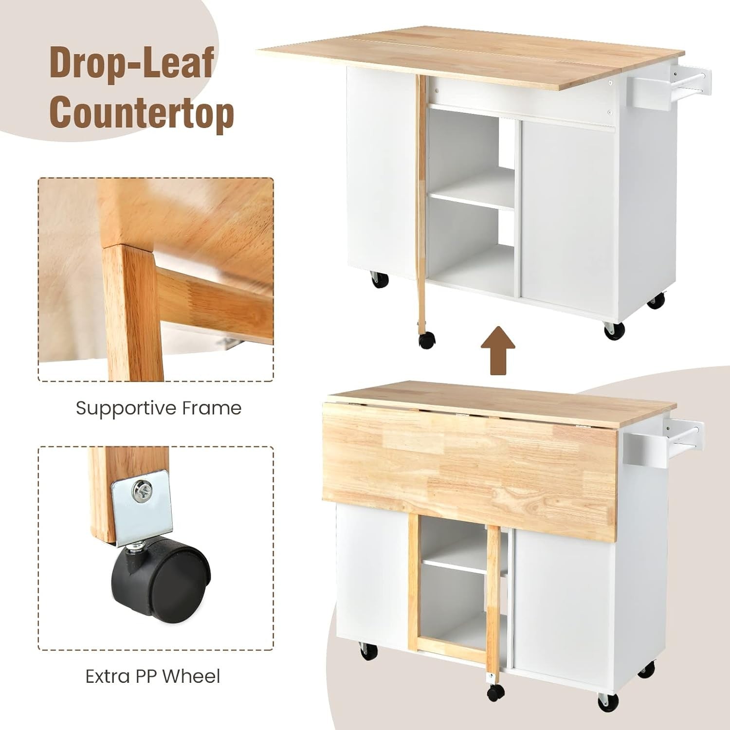 Large Kitchen Island Cart on Wheels with Extendable Wood Top Storage
