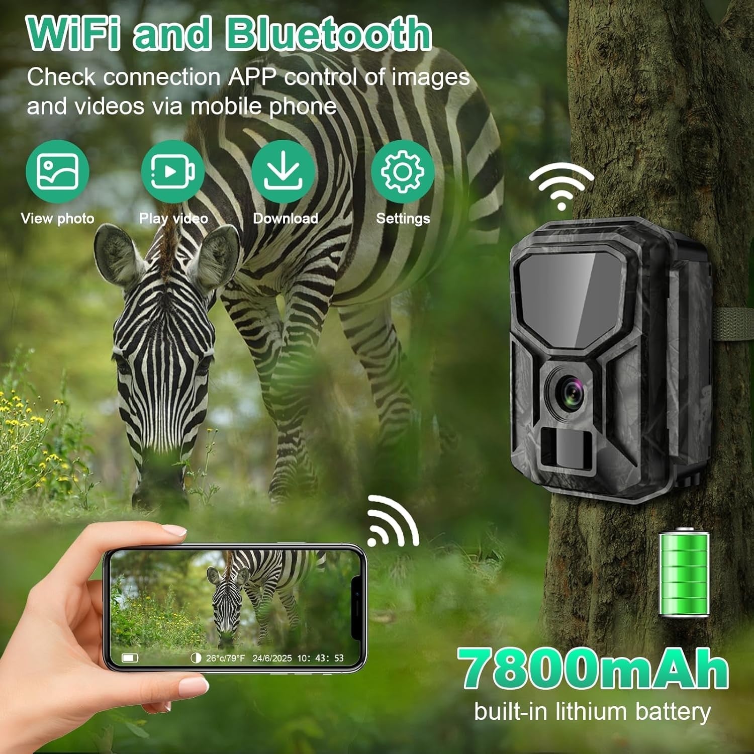 5K Wildlife Camera Night Vision Trail Cam WiFi Solar 64GB IP66