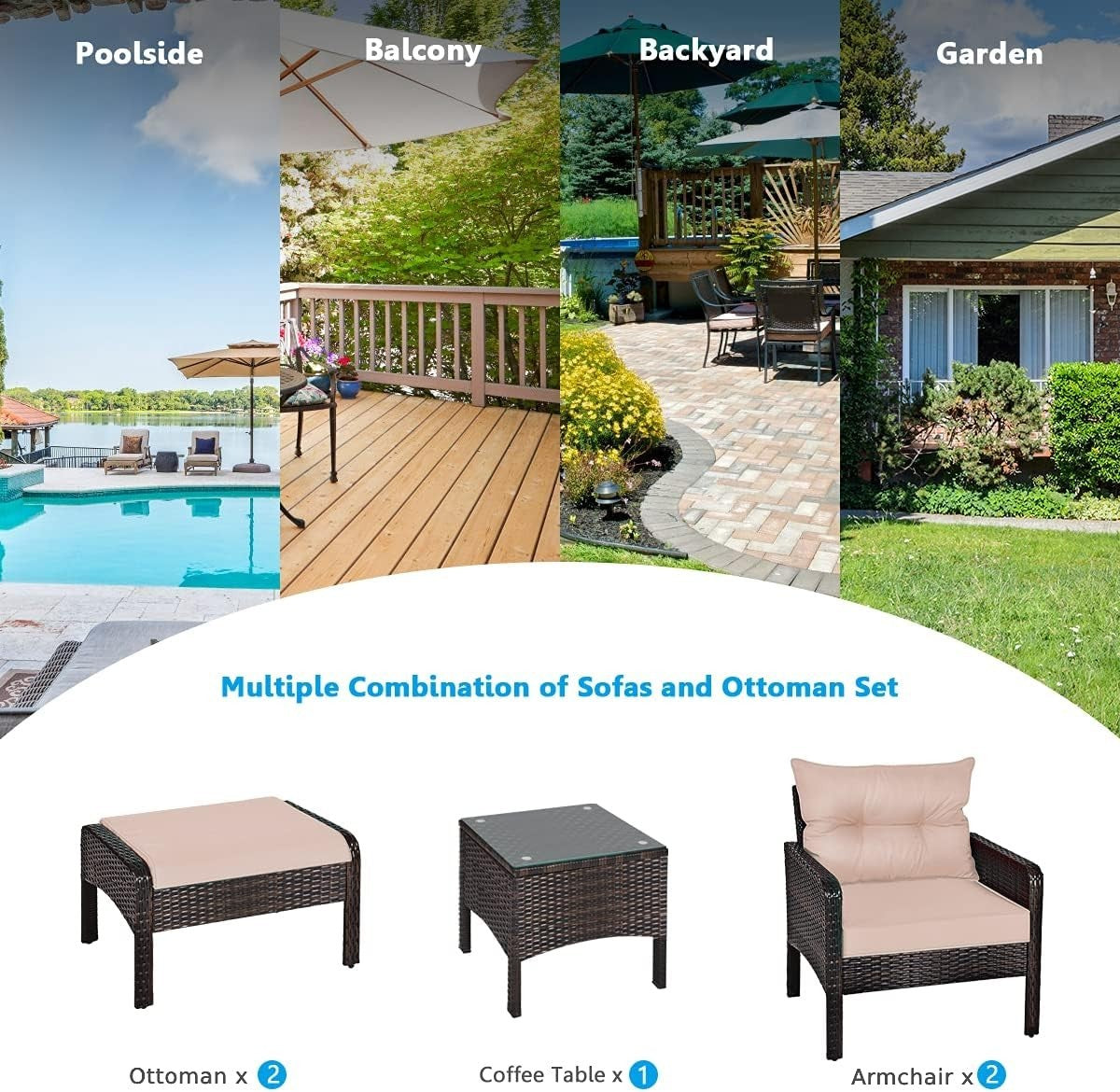 Outdoor Brown+Tan Rattan Garden Furniture Set 4-Seater Cushioned Sofa Set