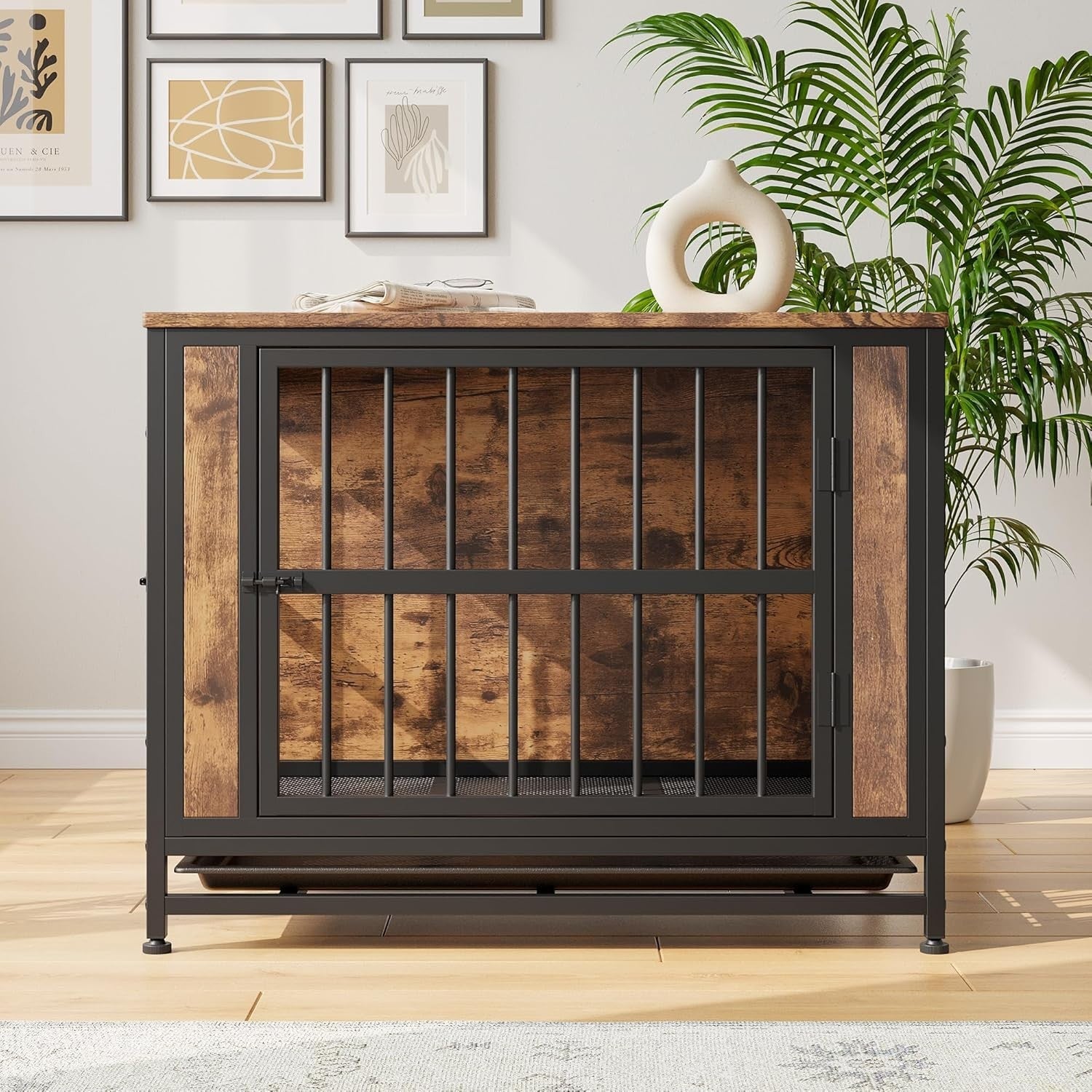 Heavy Duty Chew-Resistant Dog Crate Furniture with Double Doors & Tray