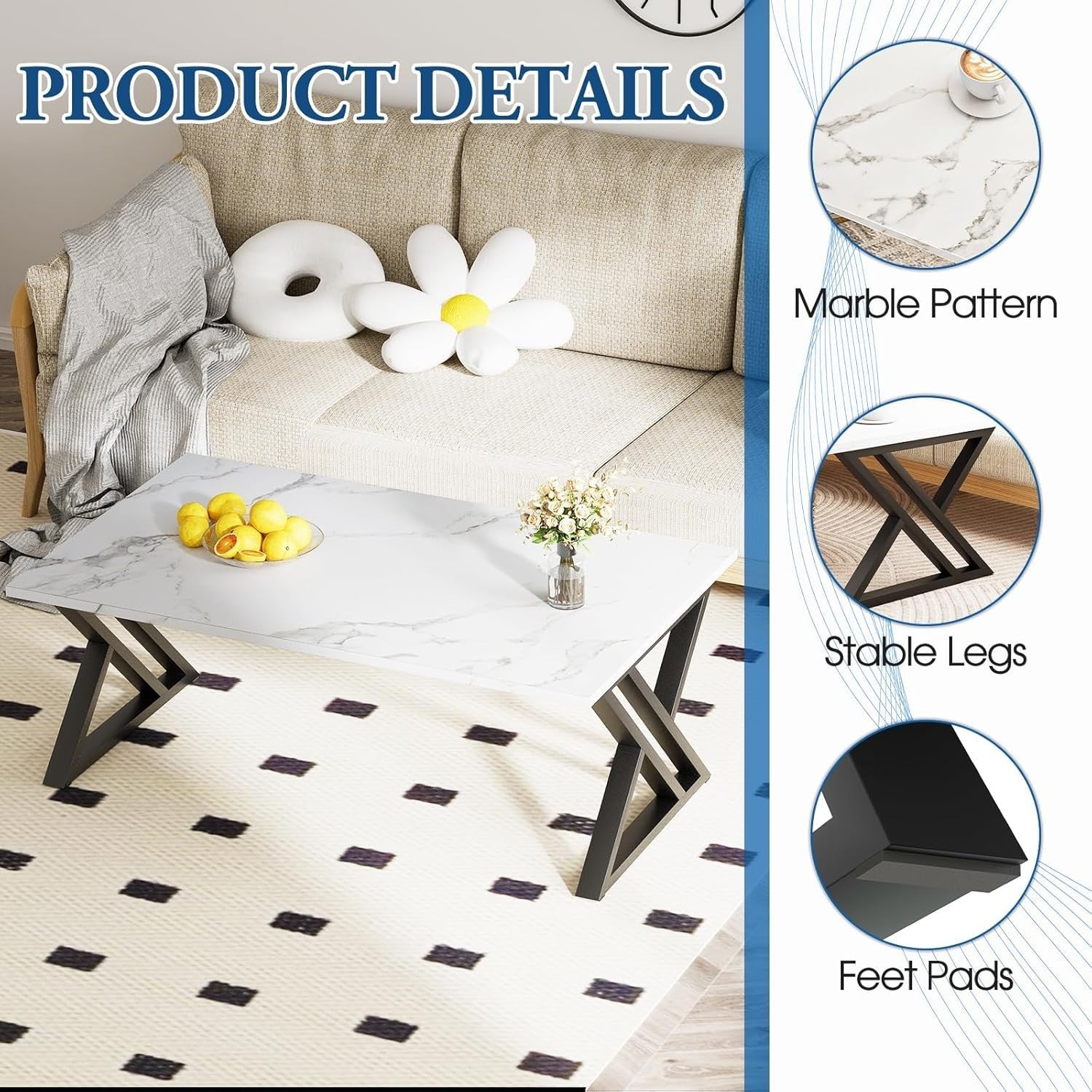 Modern Black Gold Coffee Table Rectangular Room Table Open Storage.