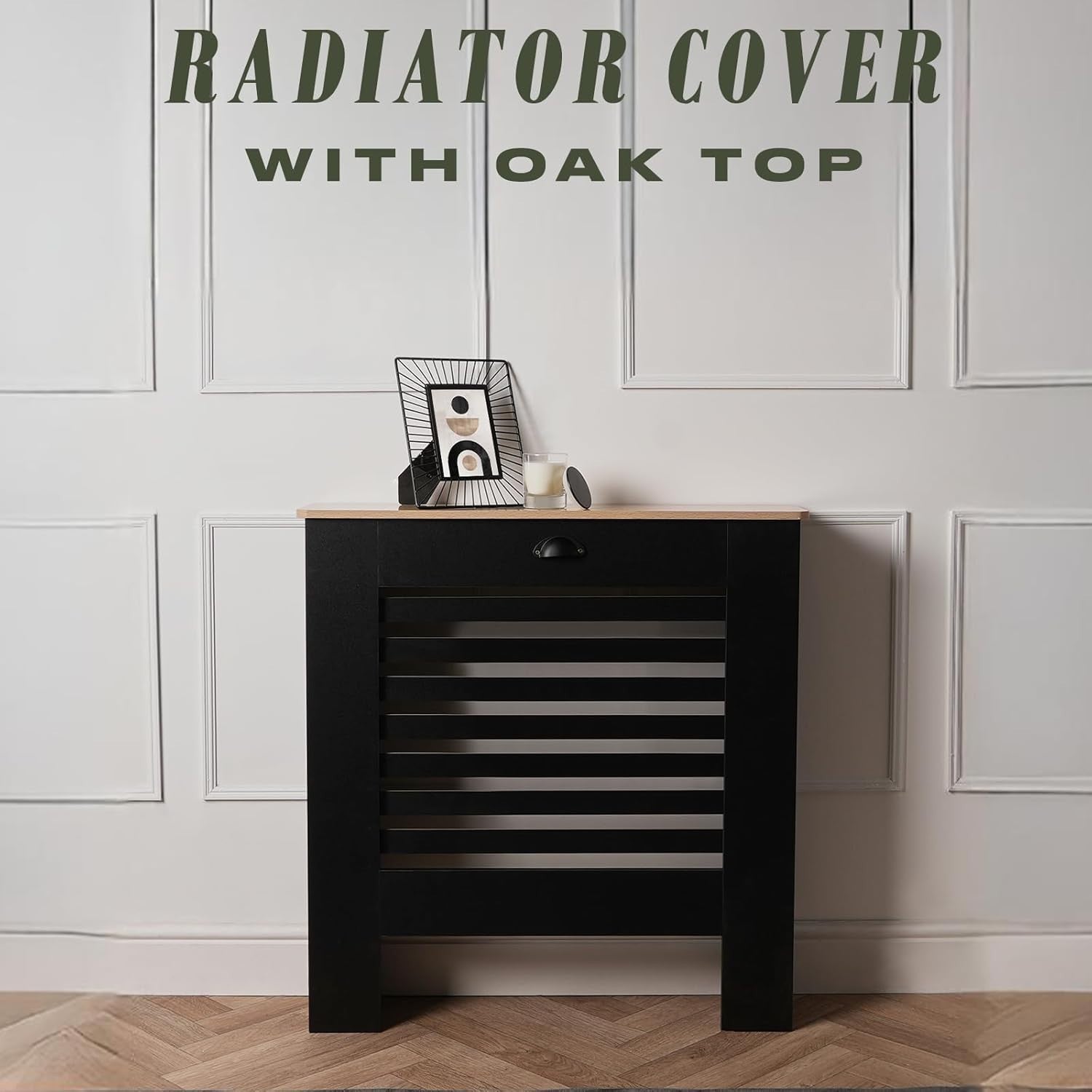 Small Black Radiator Cover with Oak Top 81.5x19x81cm