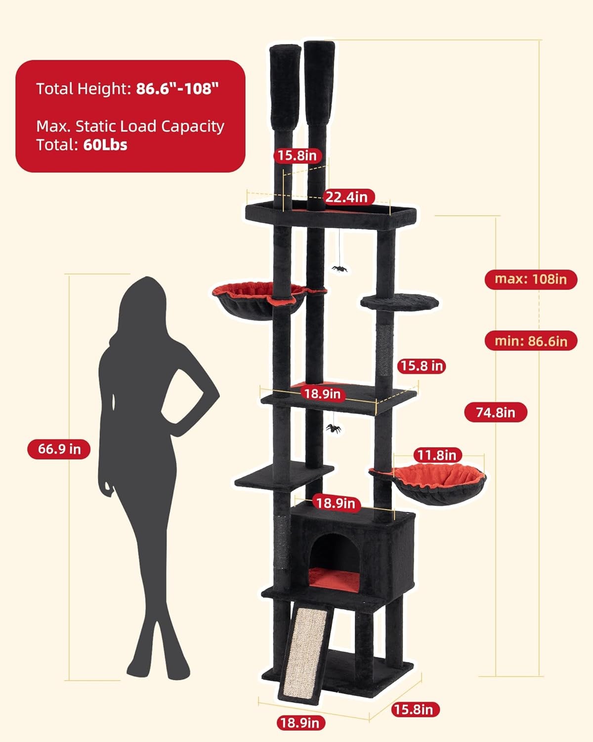 Floor to Ceiling Cat Tree 224–270cm Tall Cat Tower Condo Hammocks Gothic Black