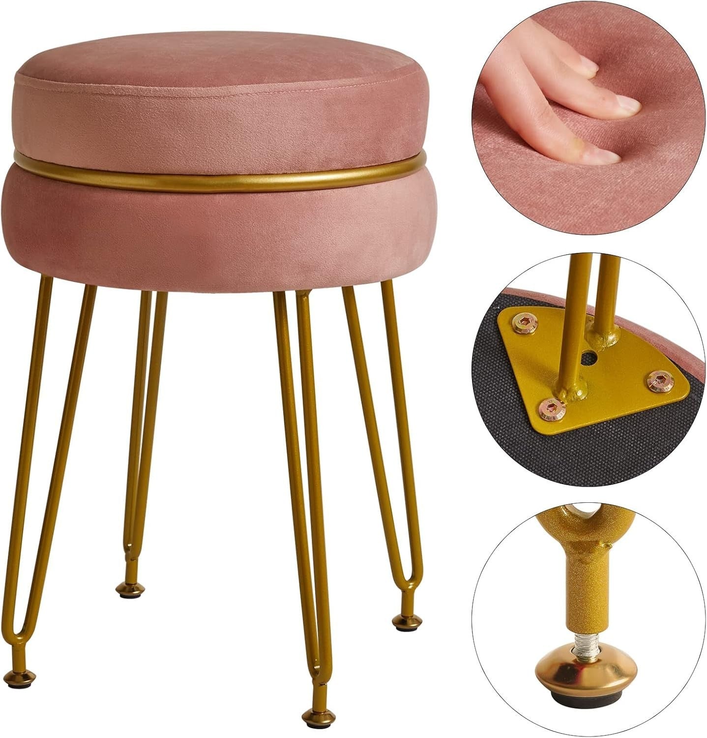 Pink Velvet Round Footstool Ottoman with Gold Legs – Modern Vanity Stool