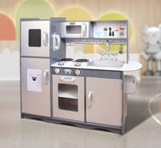 Large Wooden Kids Play Kitchen Grey Pretend Cooking Set With Toys