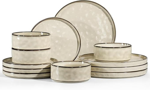 12pc Stoneware Dinner Set Plates Bowls Reactive Glaze Service for 4 Khaki