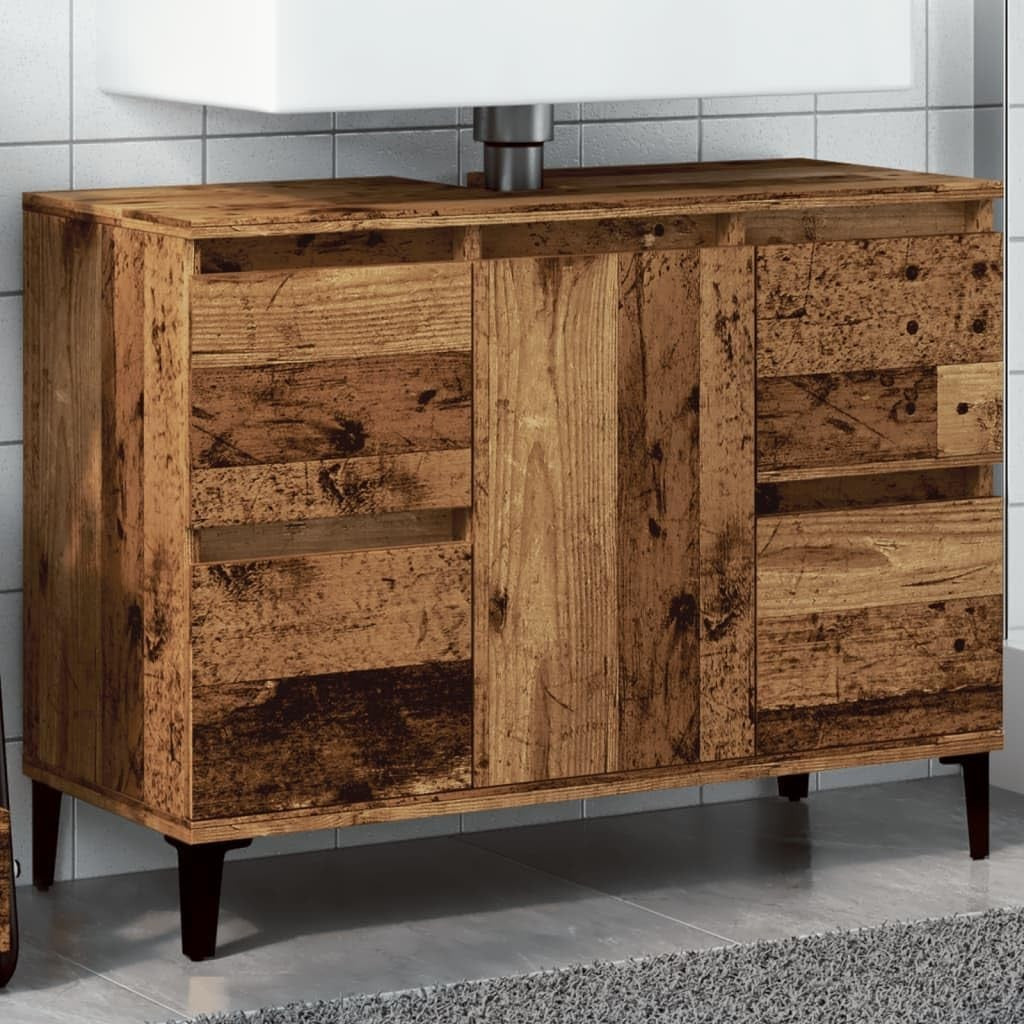 Rustic Oak Bathroom Sink Cabinet Vanity Unit with Drawers Cupboard Storage