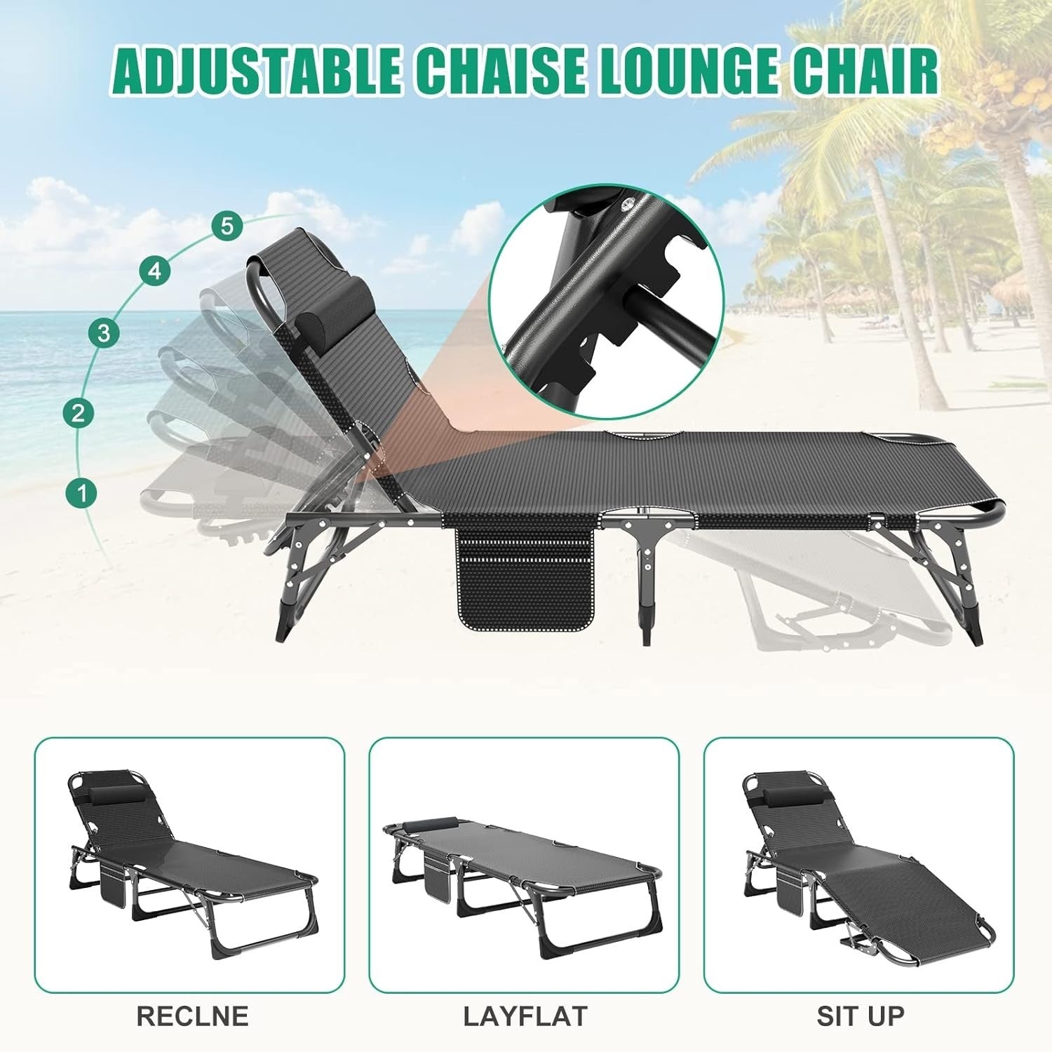 Adjustable Folding Sun Lounger with Cushion & Headrest, Portable Camping Bed