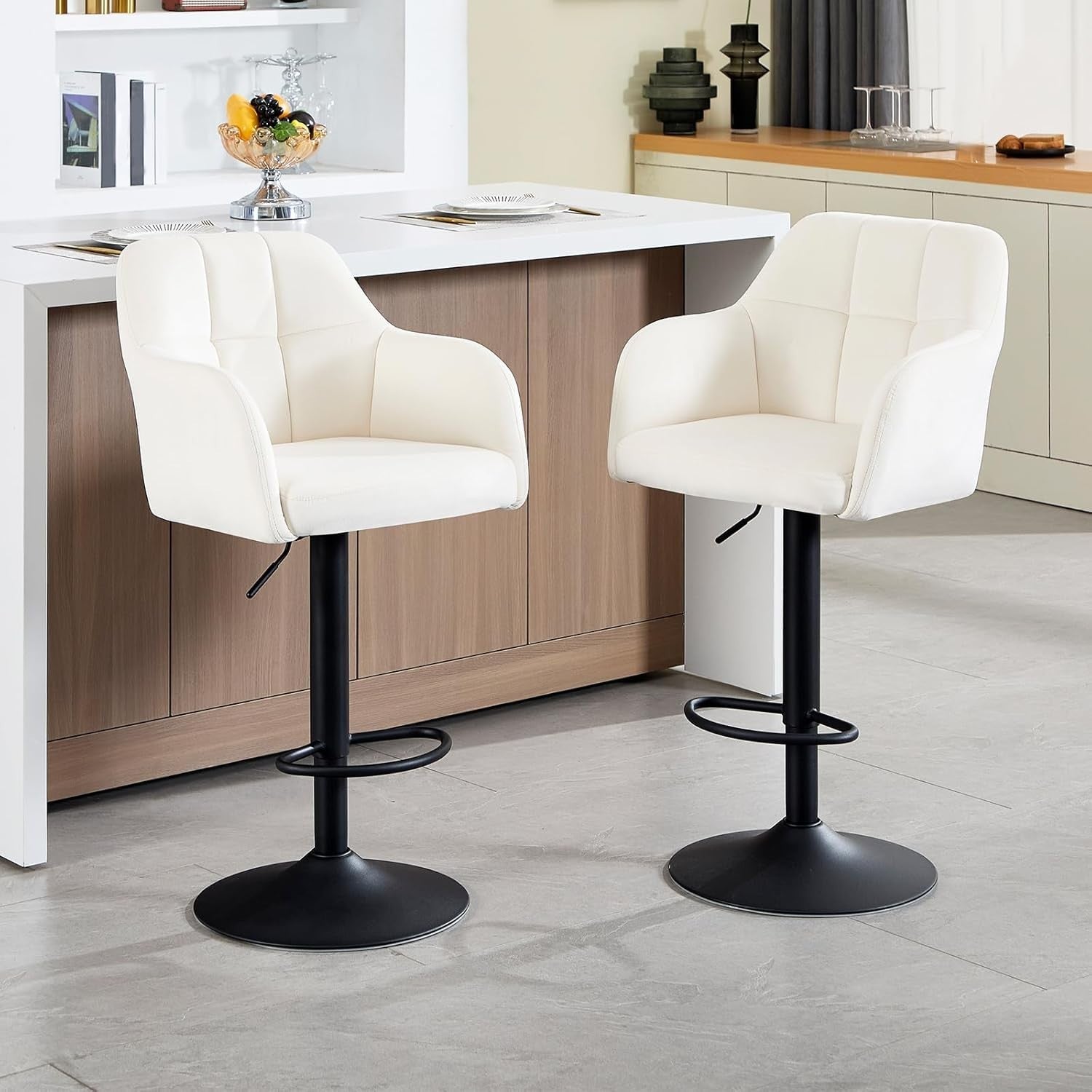 Set of 2 White PU Swivel Bar Stools Adjustable Height Modern Chairs