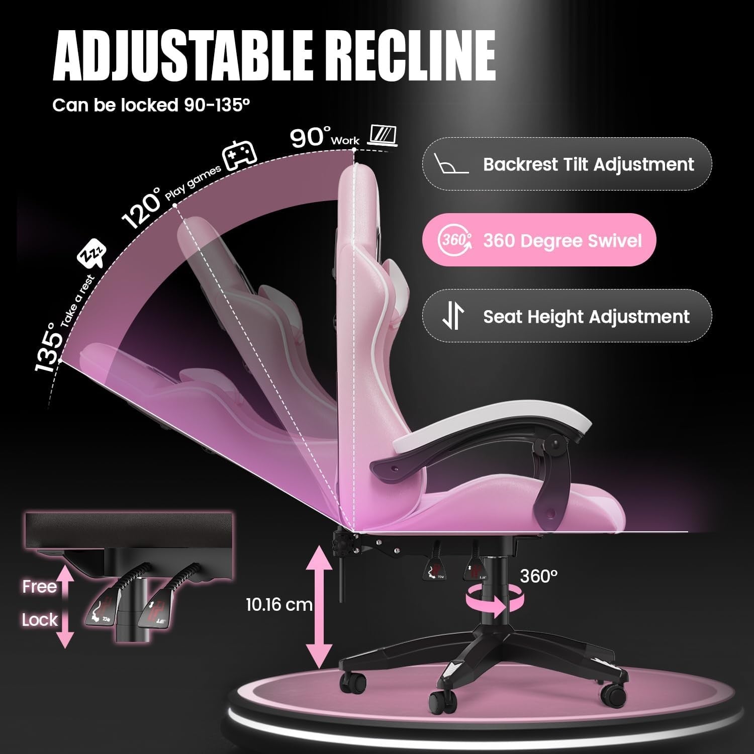 Ergonomic Gaming Chair White Pink Reclining Adjustable Office Seat