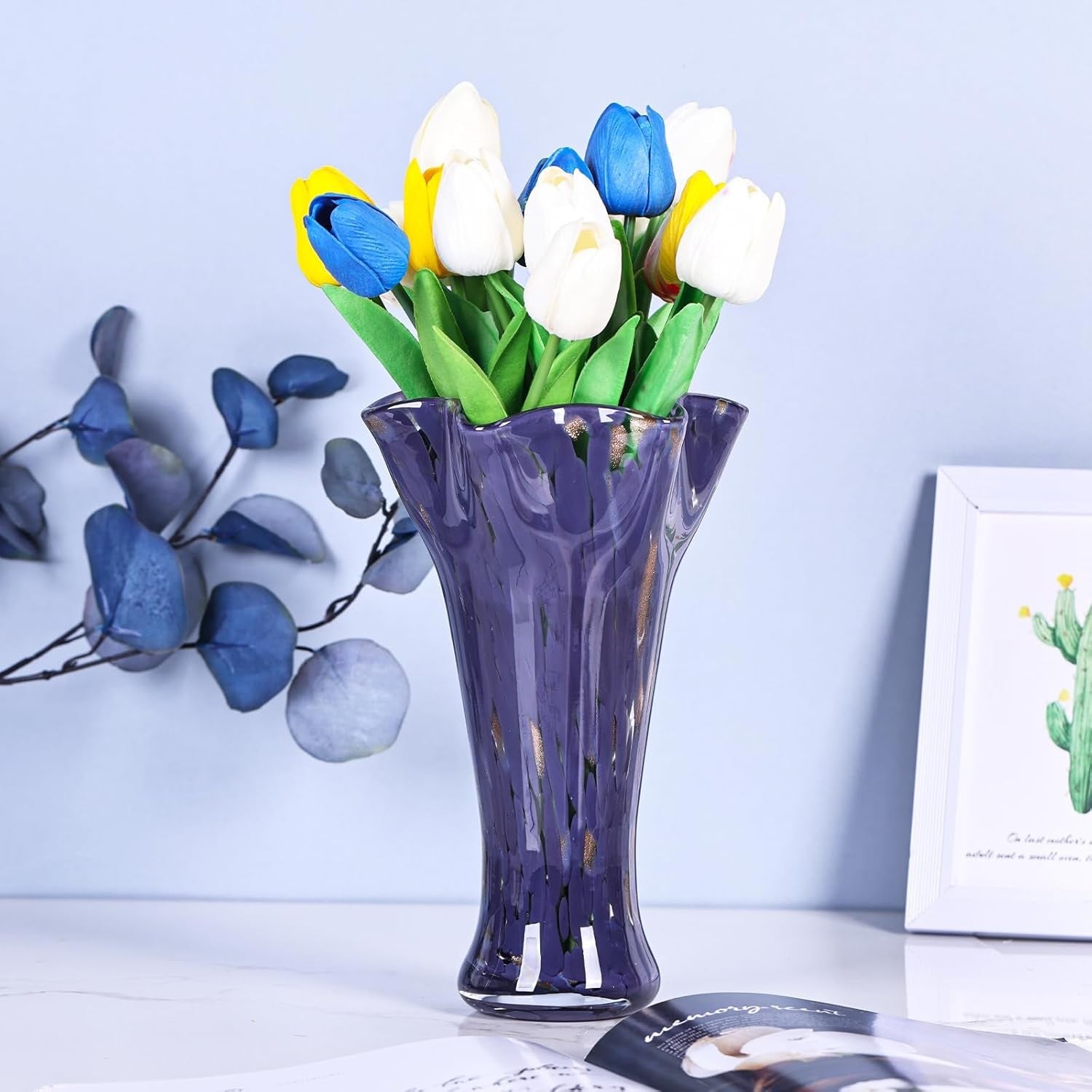 Purple Hand Blown Glass Vase Wide Mouth Flower Centerpiece Home Décor