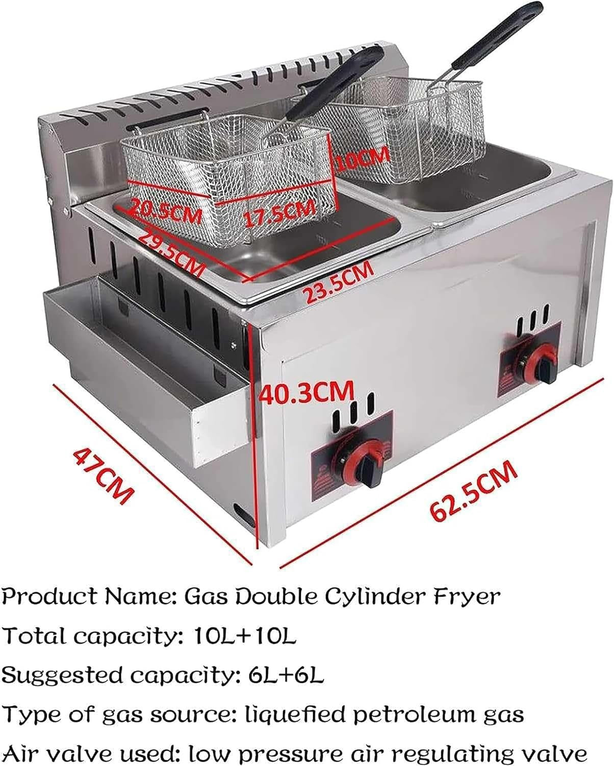 Commercial Gas Deep Fryer 20L Double Tank Standing Stainless Steel