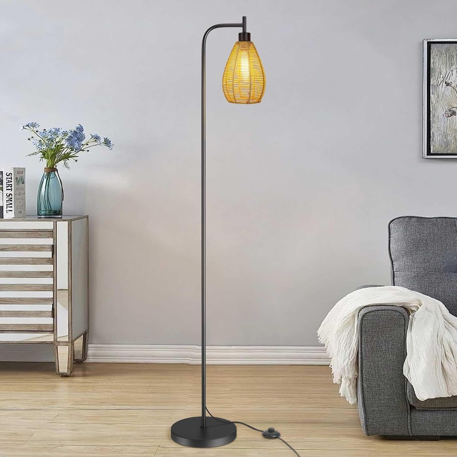 Farmhouse Floor Lamp Tall Standing Light Woven Rope Cage Pedal Switch