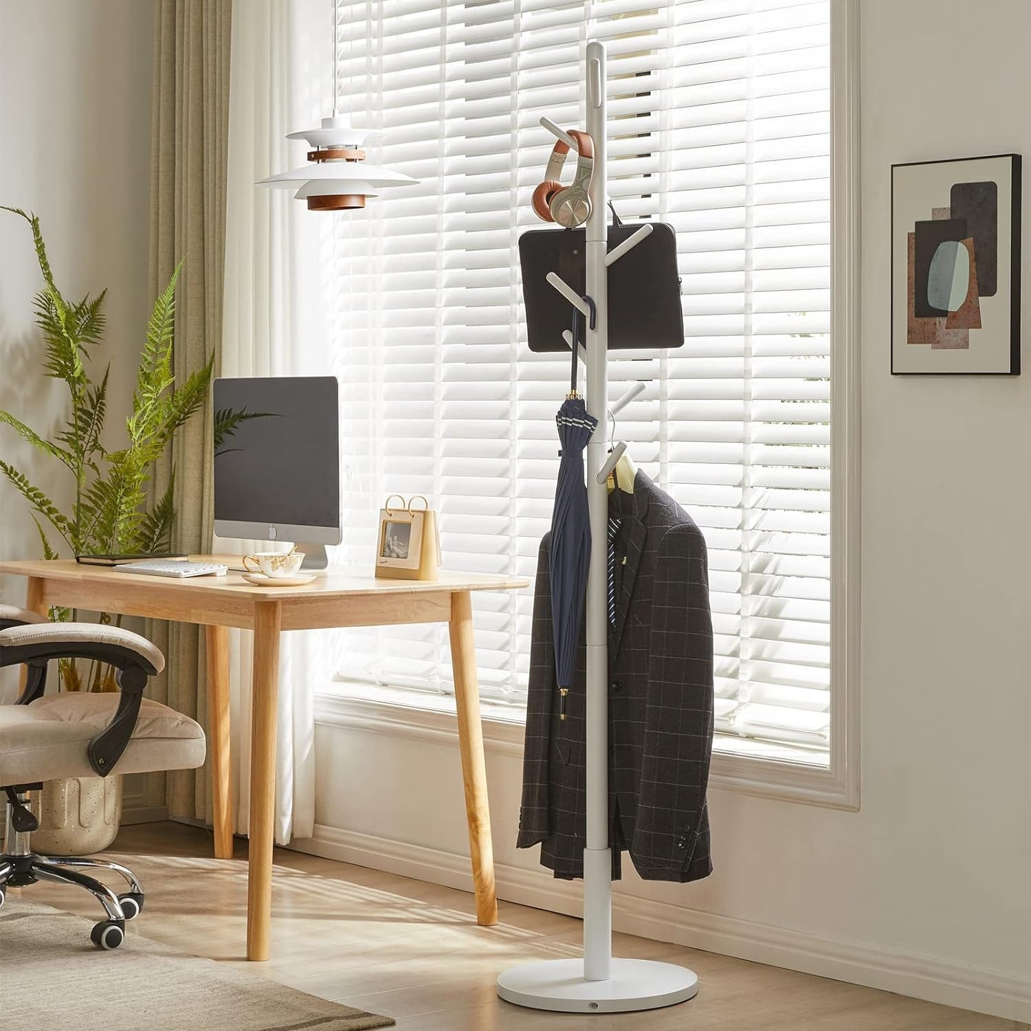 Modern White Wooden Coat Rack 8 Hooks Adjustable Height Free Standing Hanger