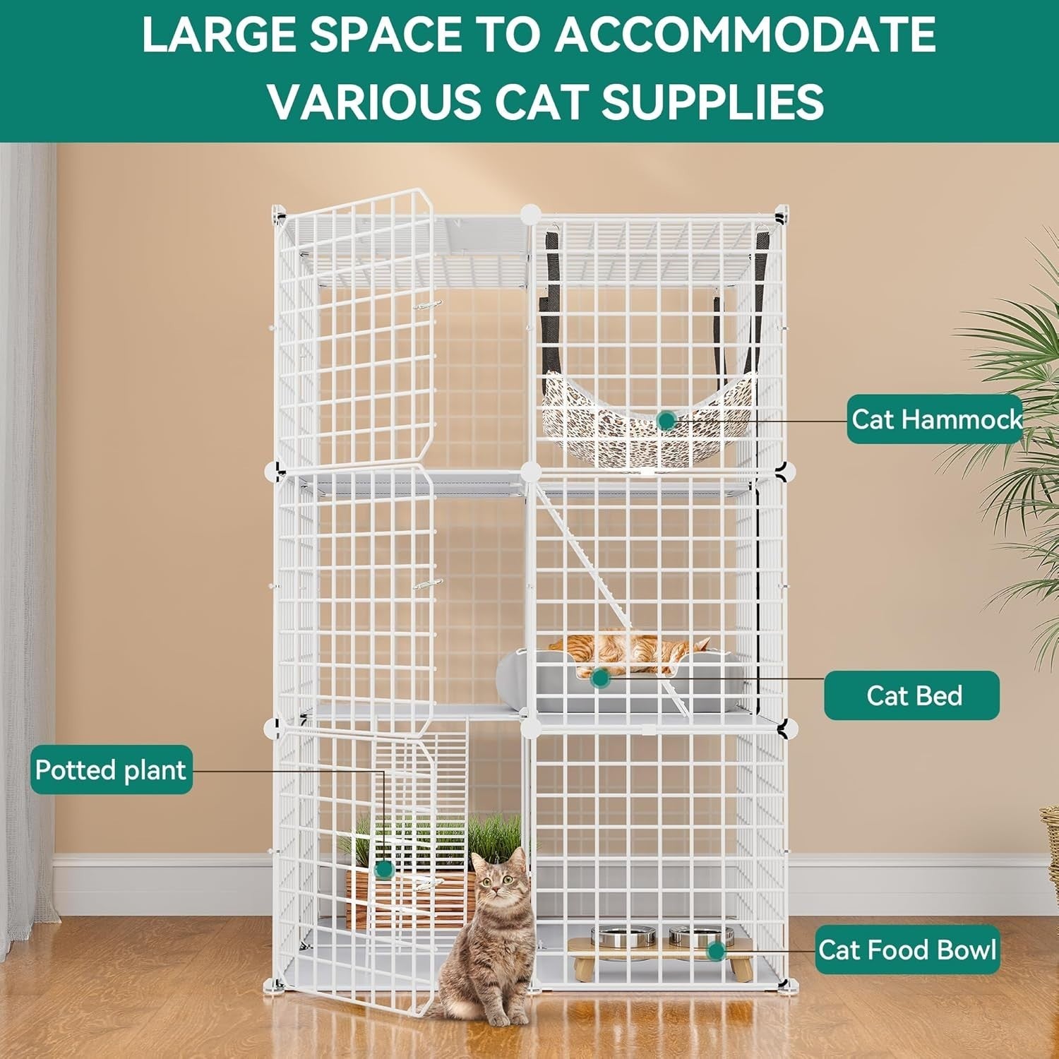 3-Tier Indoor Cat Cage Playpen with Large Hammock, Ladder & Doors, 72x72x107cm