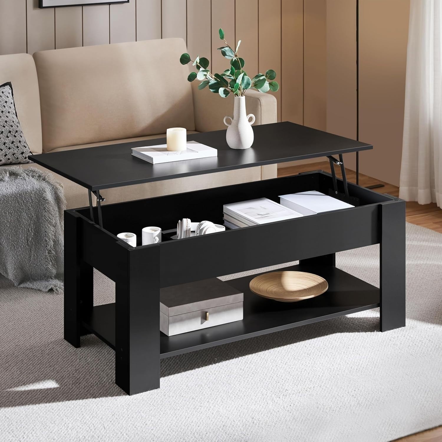 Lift Top Coffee Table Adjustable Height Hidden Storage Shelf Black 120x60cm