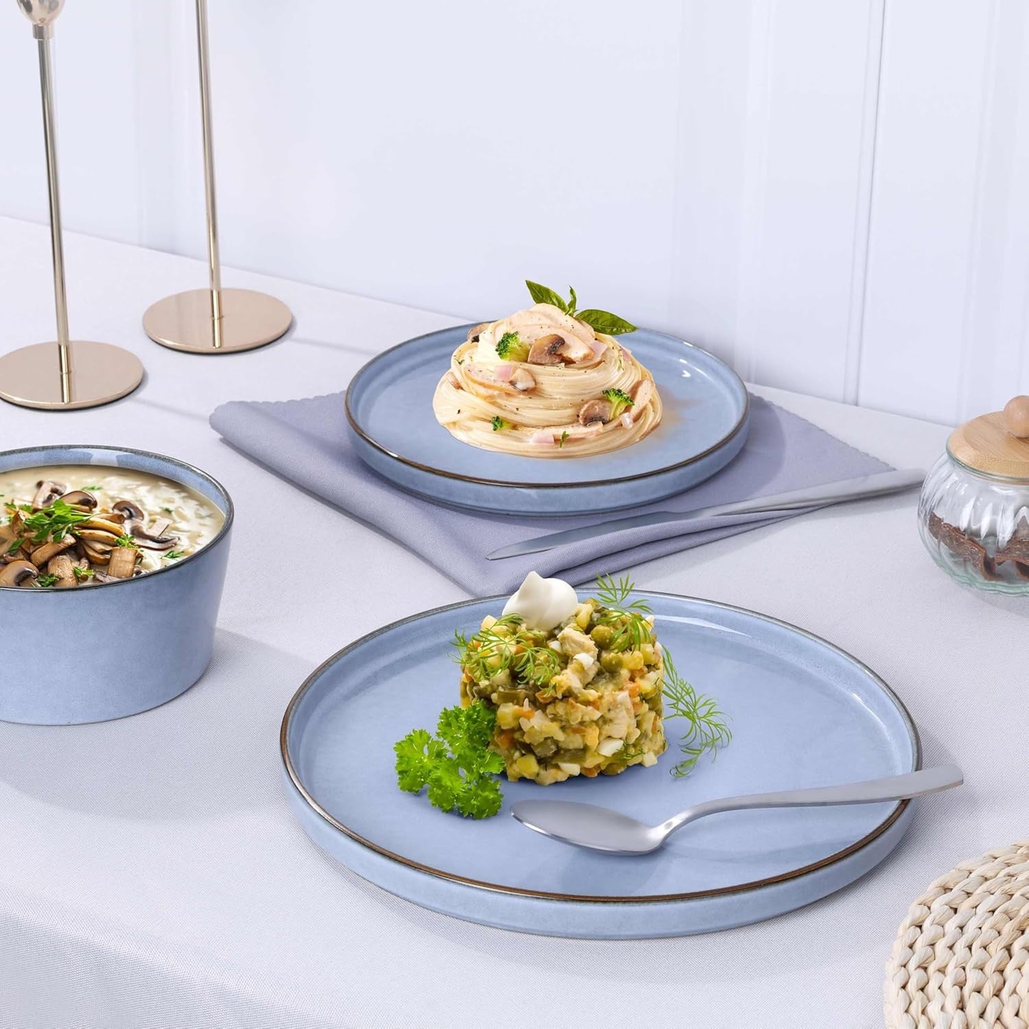 12pc Stoneware Dinner Set Blue Plates Bowls Dishwasher Microwave Safe