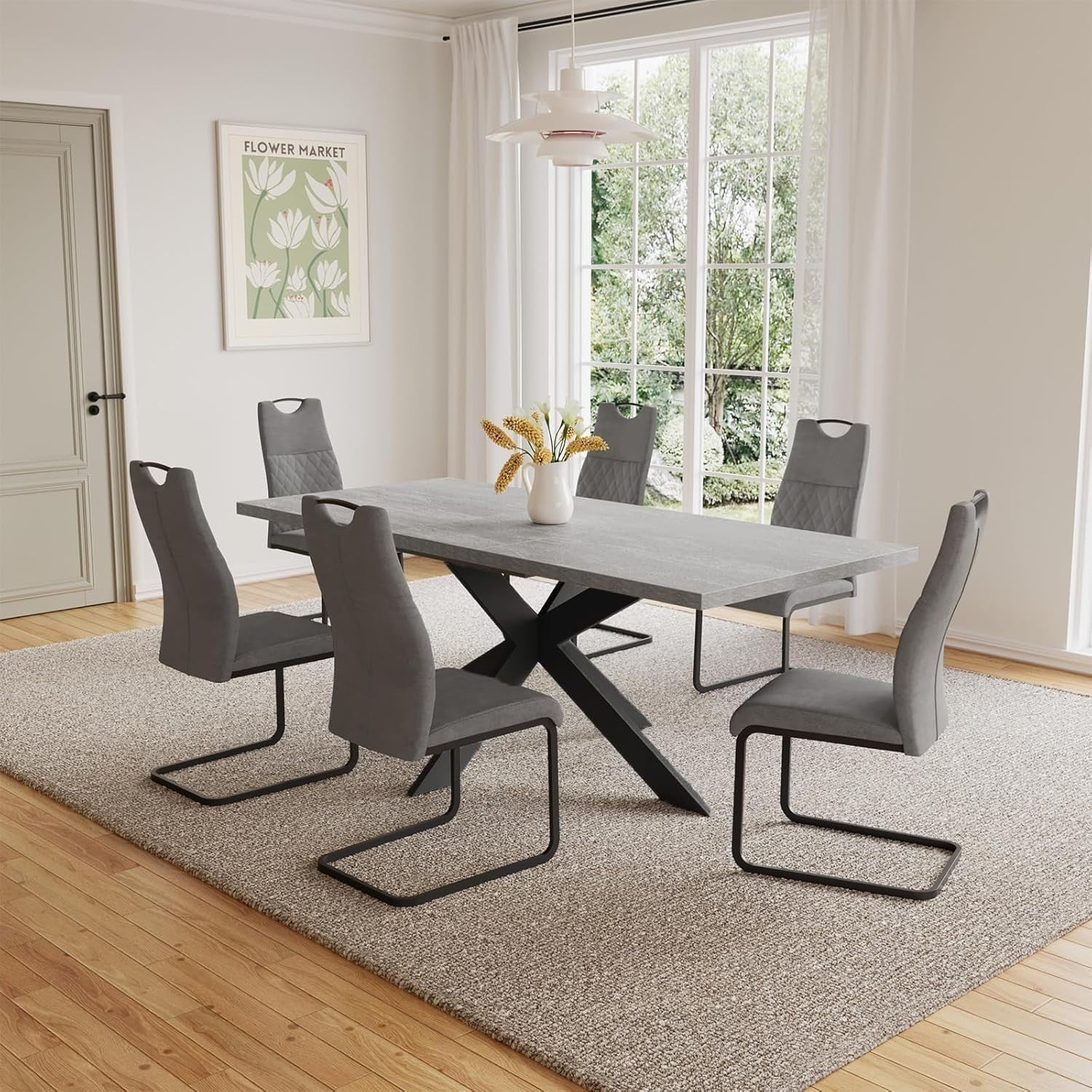 Extendable Dining Table Set 4-6 Seats Grey Chairs MDF Kitchen Living Room
