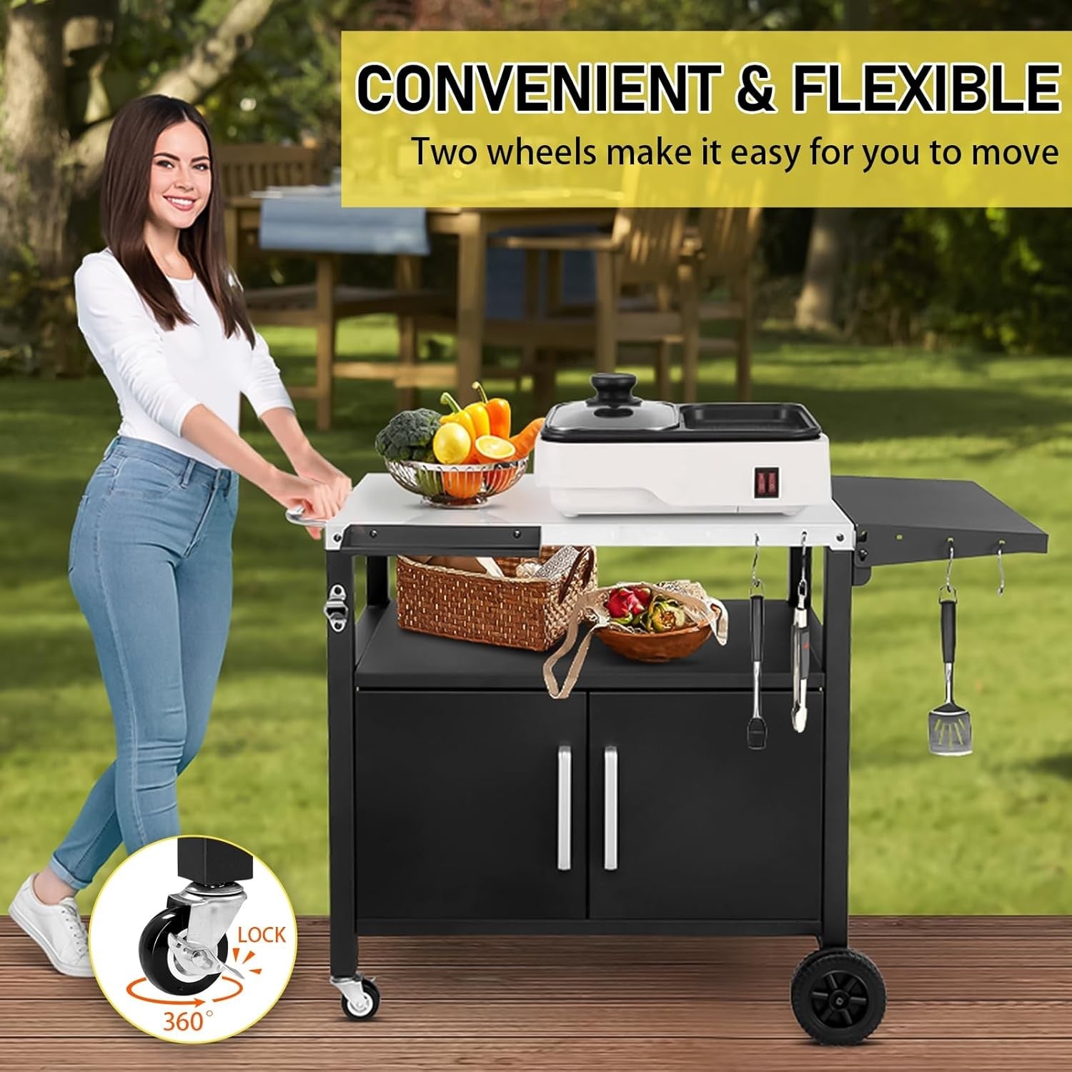Outdoor Grill Cart BBQ Trolley Stainless Steel Top Cabinet Wheels Prep Table