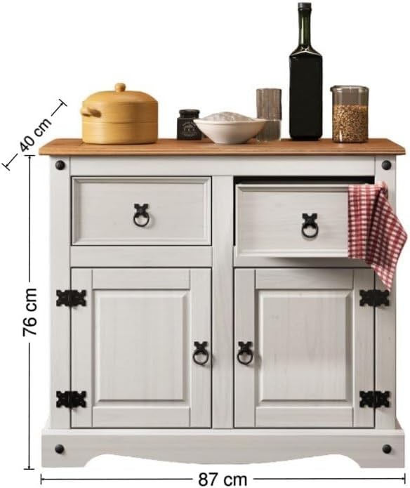 White Wax Buffet Hutch Small Sideboard 2 Doors 2 Drawers 176H