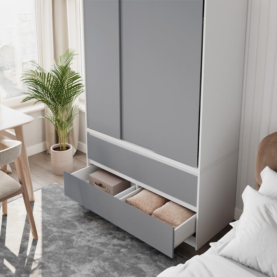 Grey Sliding Wardrobe with 4 Drawers Rail Storage Modern Bedroom Unit