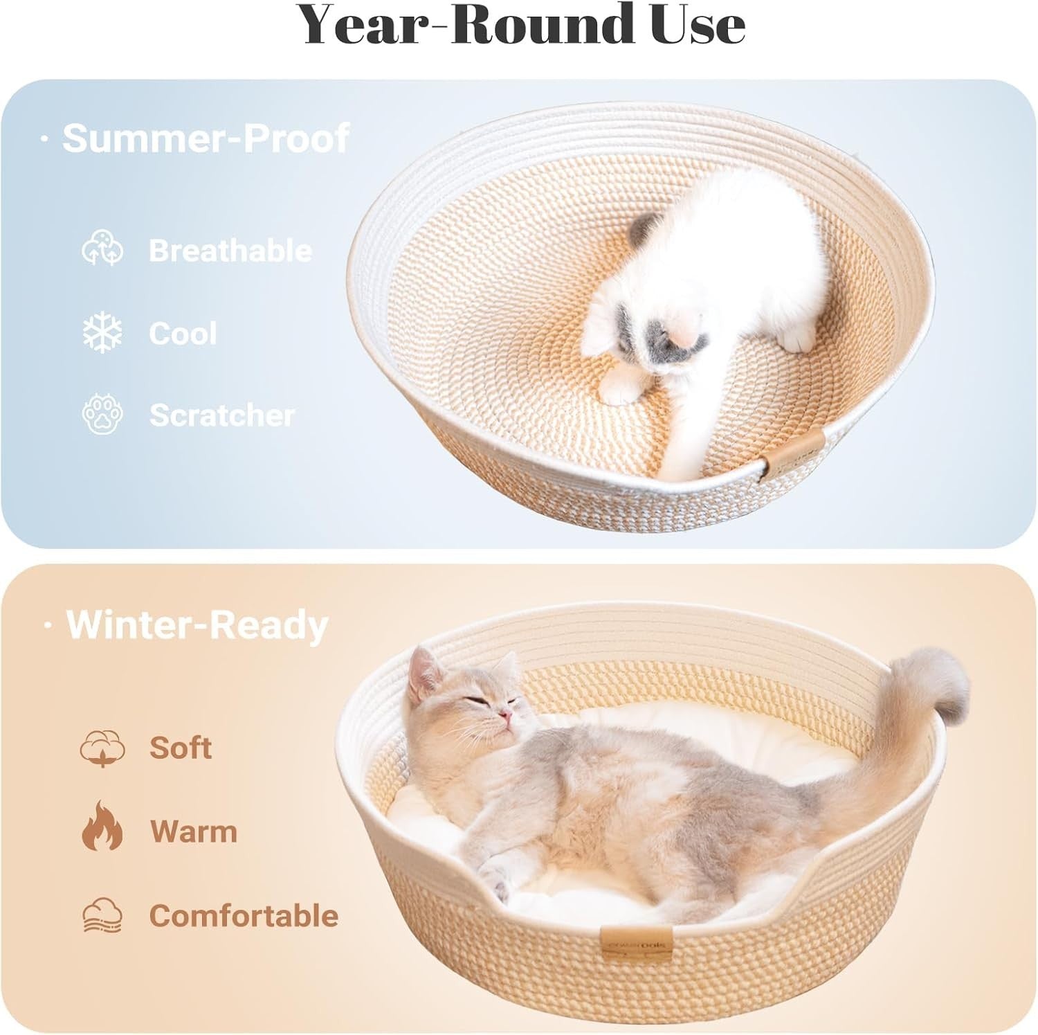 Washable Cat Bed Basket 47cm Cotton Rope Woven Cushion All Season