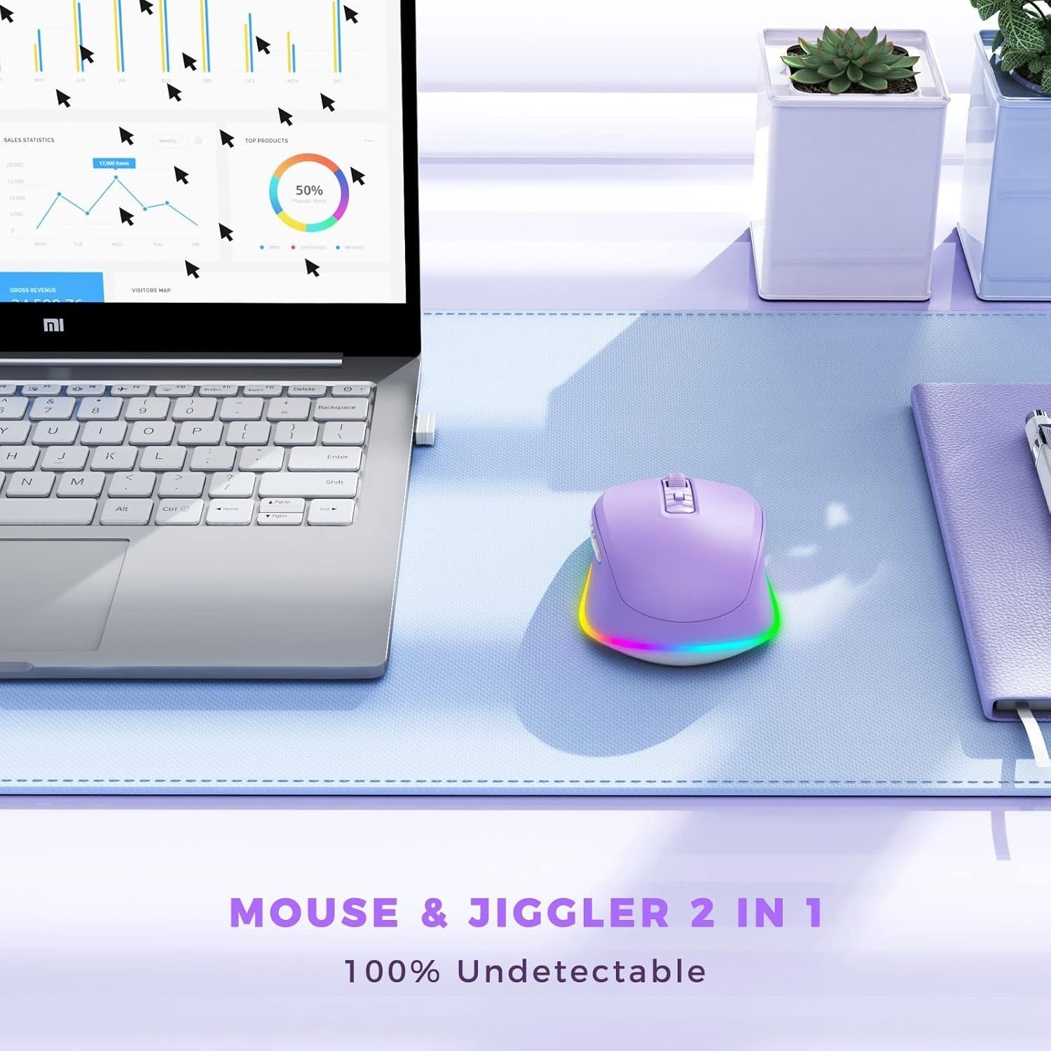 Purple RGB Wireless Mouse Rechargeable Silent USB Jiggler