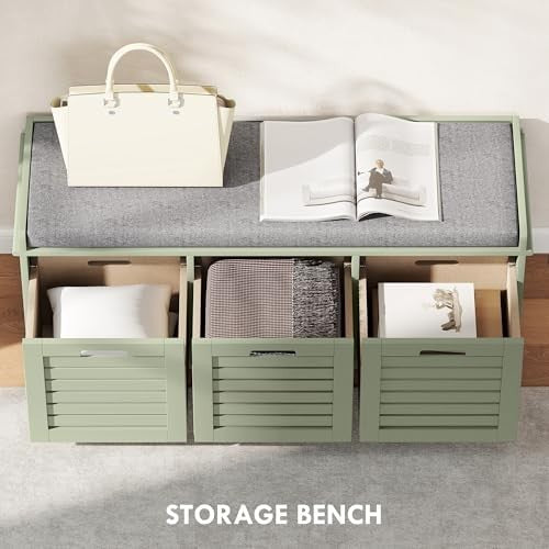 Green Shoe Storage Bench with Cushion & 3 Drawers – Modern Hallway Seat