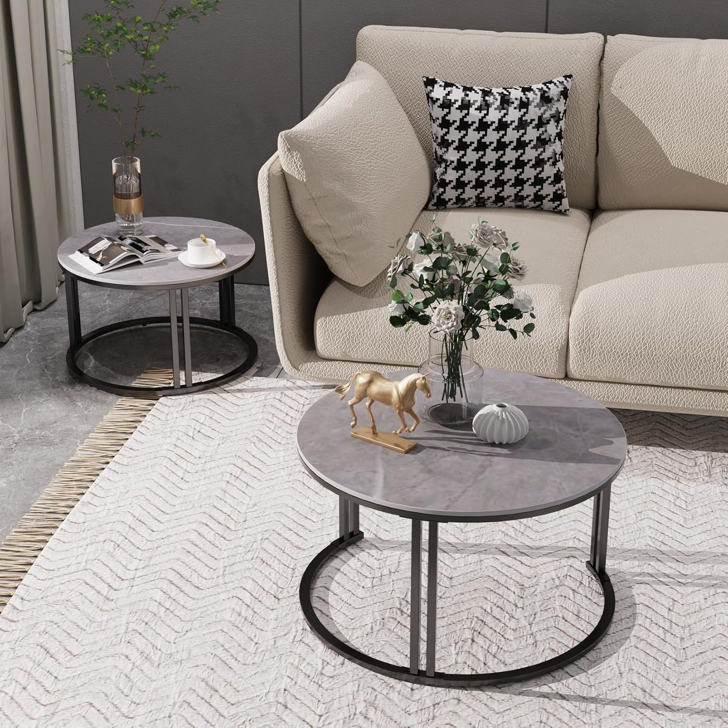 Space Saving Nesting Coffee Table Set 2 Round Marble Stone Metal Living Room