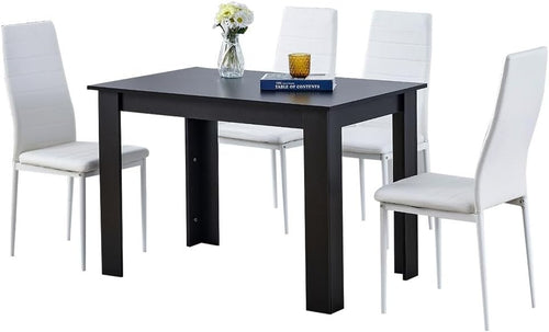 110cm Black Dining Table Set with 4 White Faux Leather Chairs Kitchen
