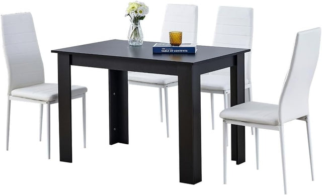 110cm Black Dining Table Set with 4 White Faux Leather Chairs Kitchen