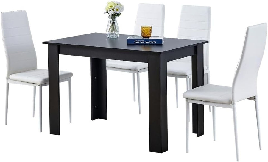 110cm Black Dining Table Set with 4 White Faux Leather Chairs Kitchen