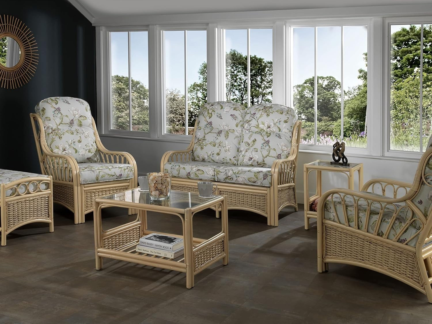 Floral Rattan Conservatory Armchair Indoor Wicker Cane Chair Deep Cushion