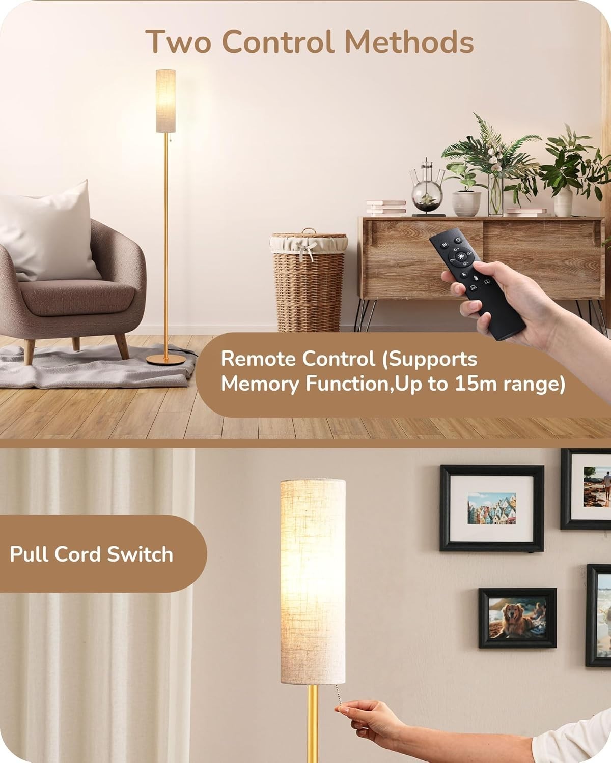 Gold LED Floor Lamp Dimmable Standing Light Remote Control Round Linen Shade