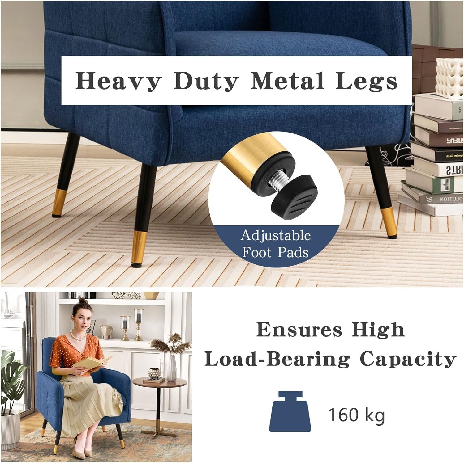 Comfy Blue Linen Accent Chair, Modern Tufted Sofa Chair with Metal Legs