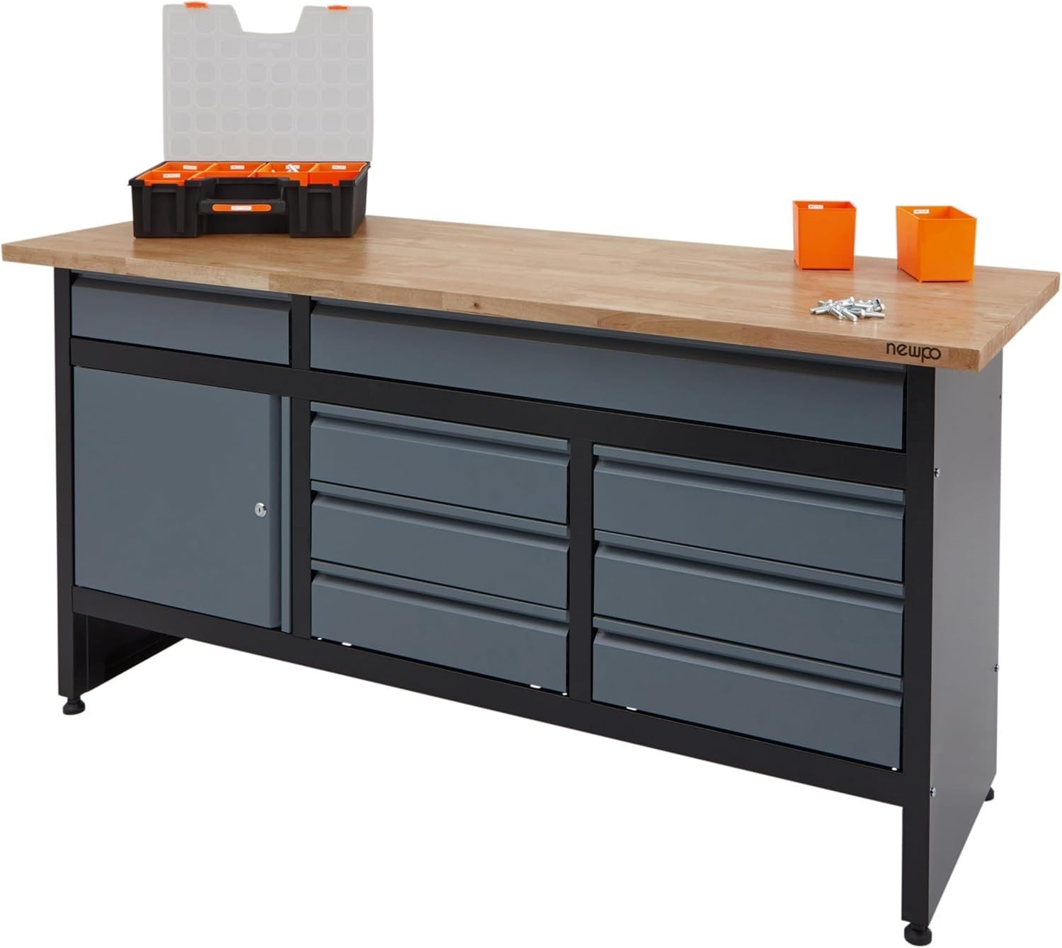 1709mm Garage Workbench 8 Drawers + Cupboard 300kg Load Solid Wood Top