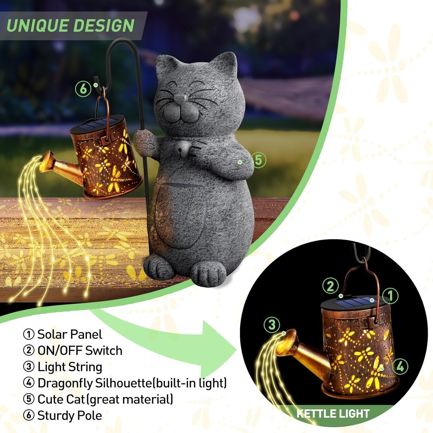 Solar Cat Garden Ornament with Watering Can Lights • Outdoor Resin Statue Gift